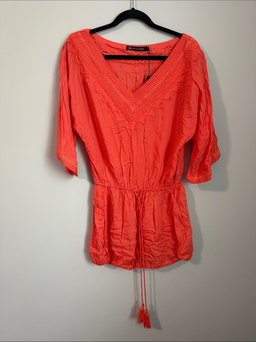 Coral V-Neck Tassel Drawstring Tunic